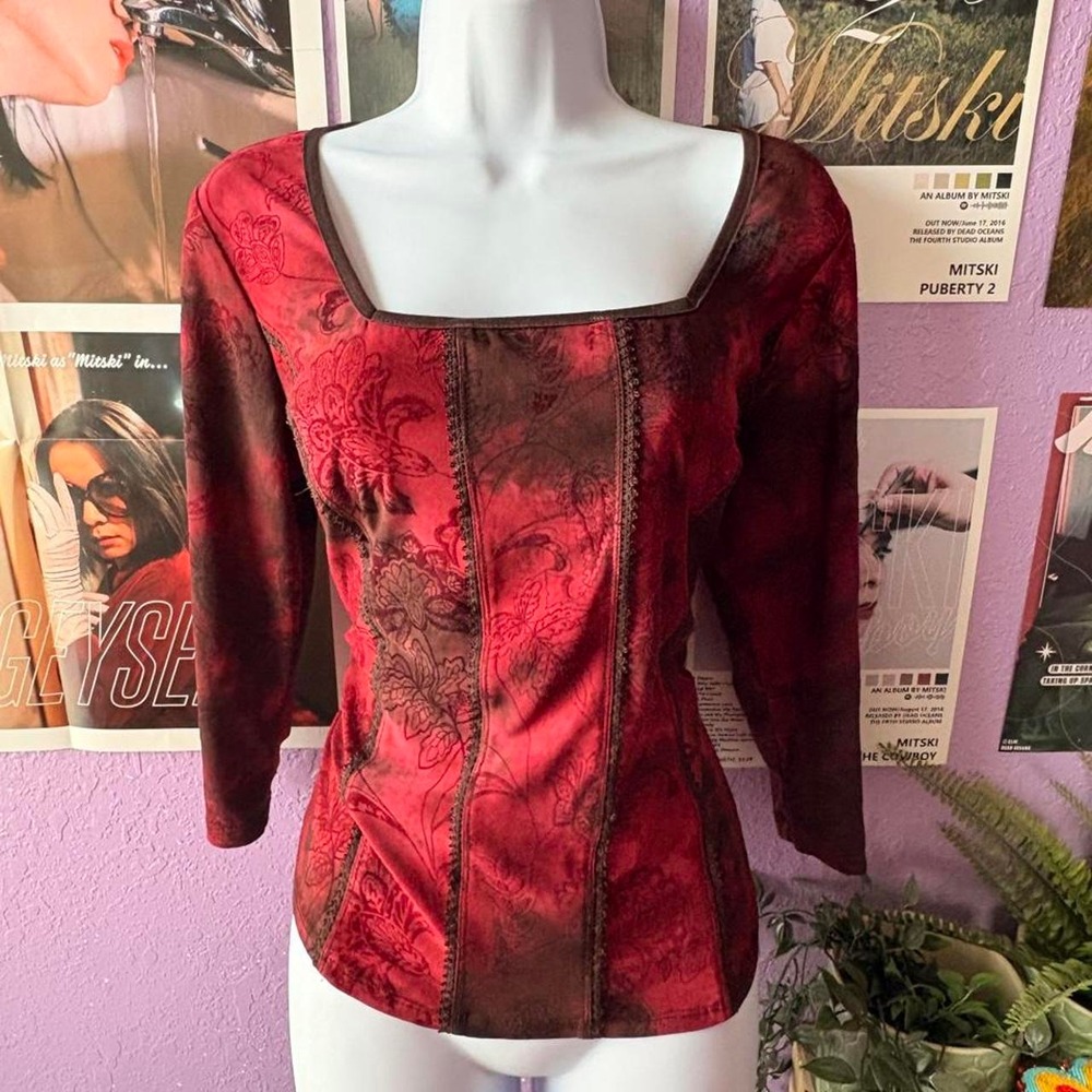 Deep Red Dressbarn Velvet Lace Trim Top